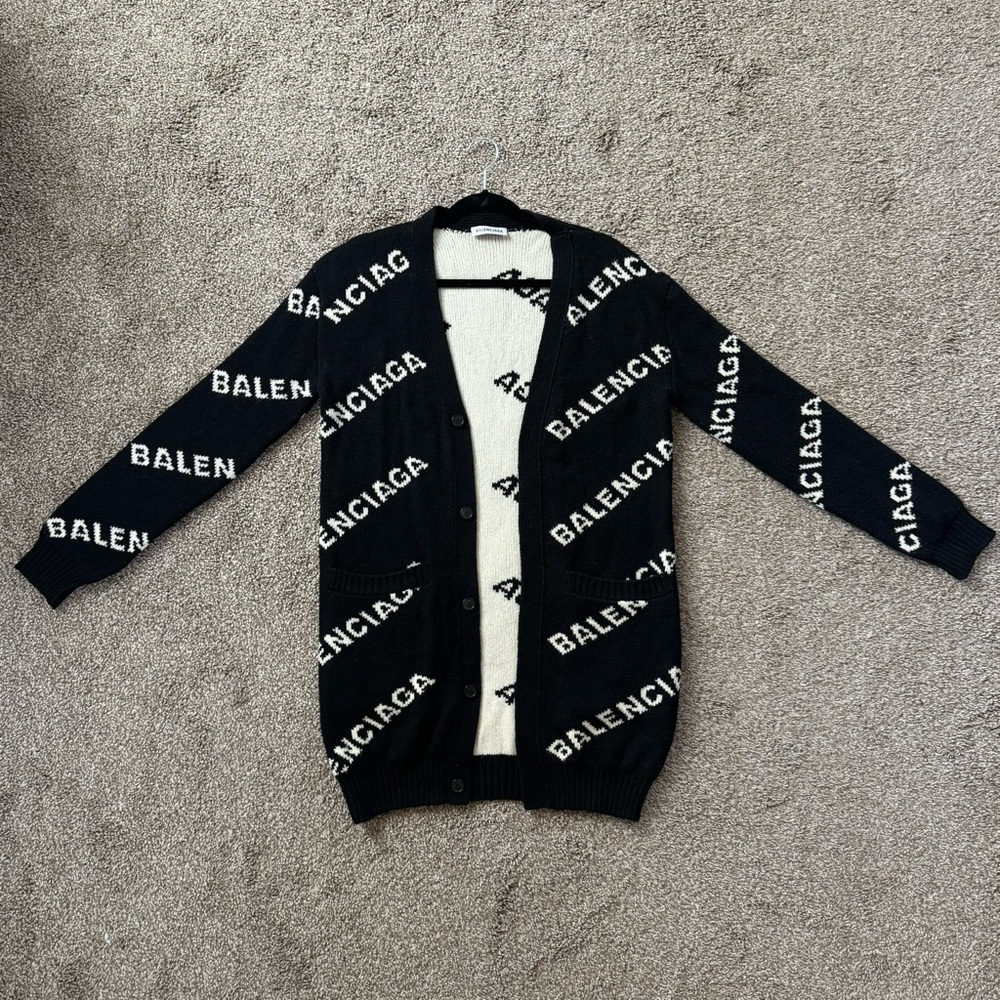 Balenciaga All Over Logo Intarsia V-Neck Button Cardigan Black and Cream